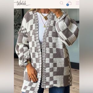 Talulah Checkered Print Oversized Slouchy Check It Out Cardigan in Taupe Sz 1X